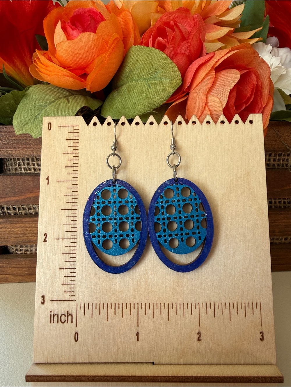 2 for $15! Handmade Blue Teal Double Oval Dangle Earrings